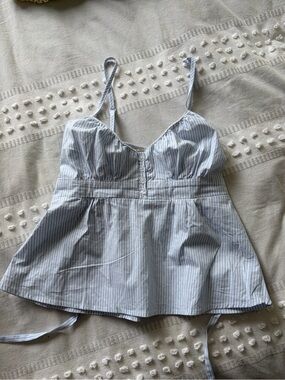 Blue Seersucker Striped Spaghetti Strap Babydoll Top